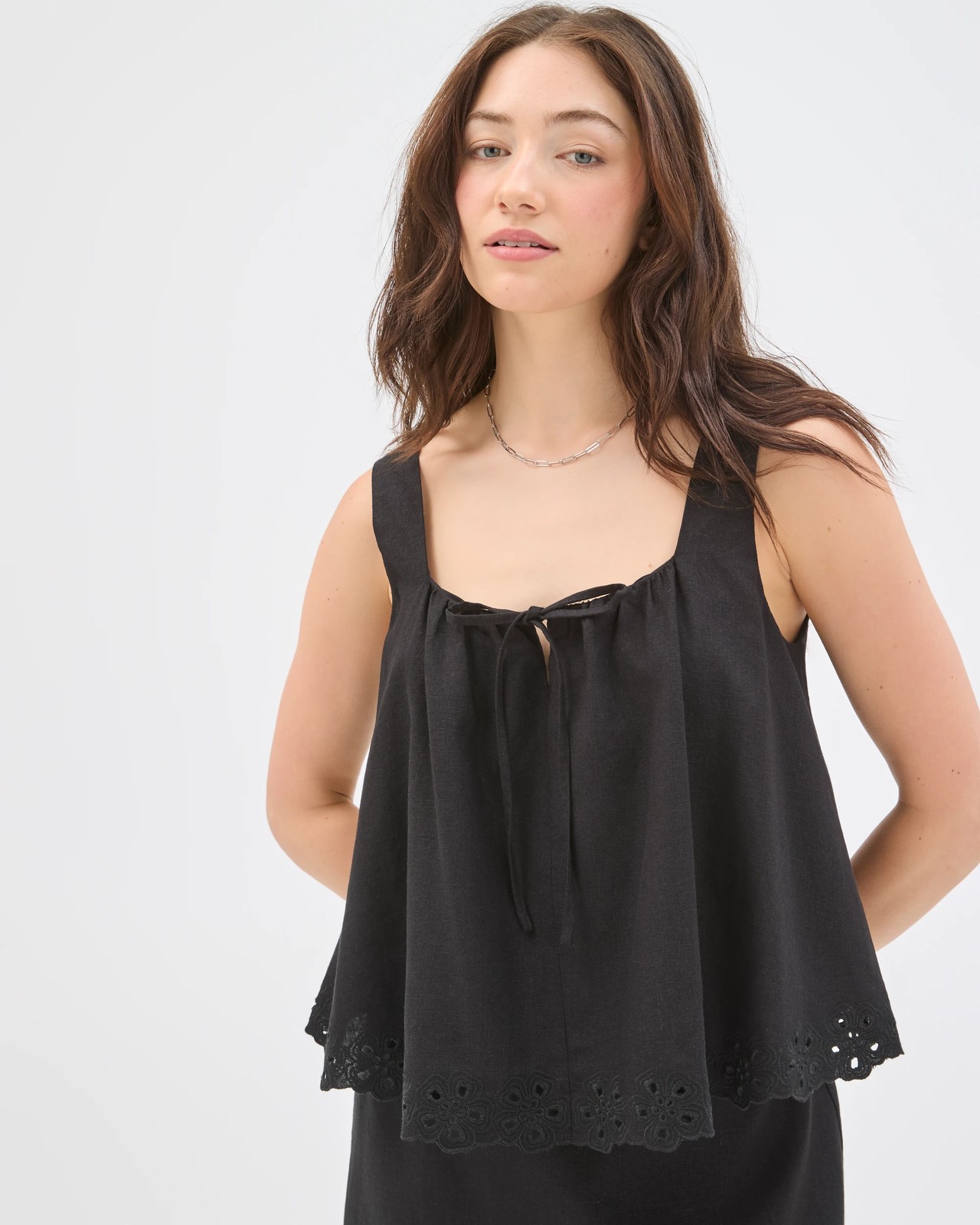 Lily Loves European Linen Blend Embroidered Cami - Black 2 of 5