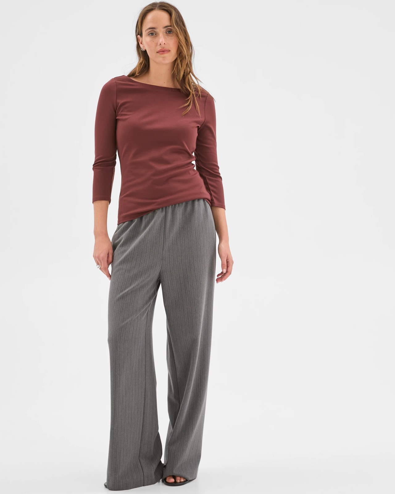 Preview 3/4 Sleeve Boat Neck Ponte T-Shirt - Dark Chocolate 2 of 5