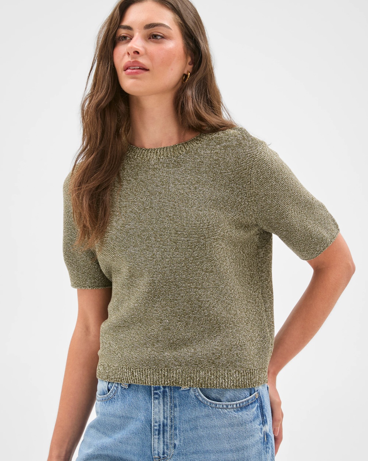 Petites Australian Cotton Blend Ottoman Twist Knit Top - Dusty Moss/Pale Oat 3 of 6