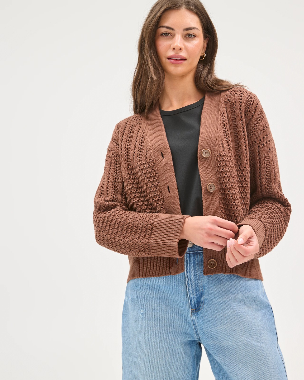 Petites Australian Cotton V-Neck Crochet Knit Cardigan 2 of 5