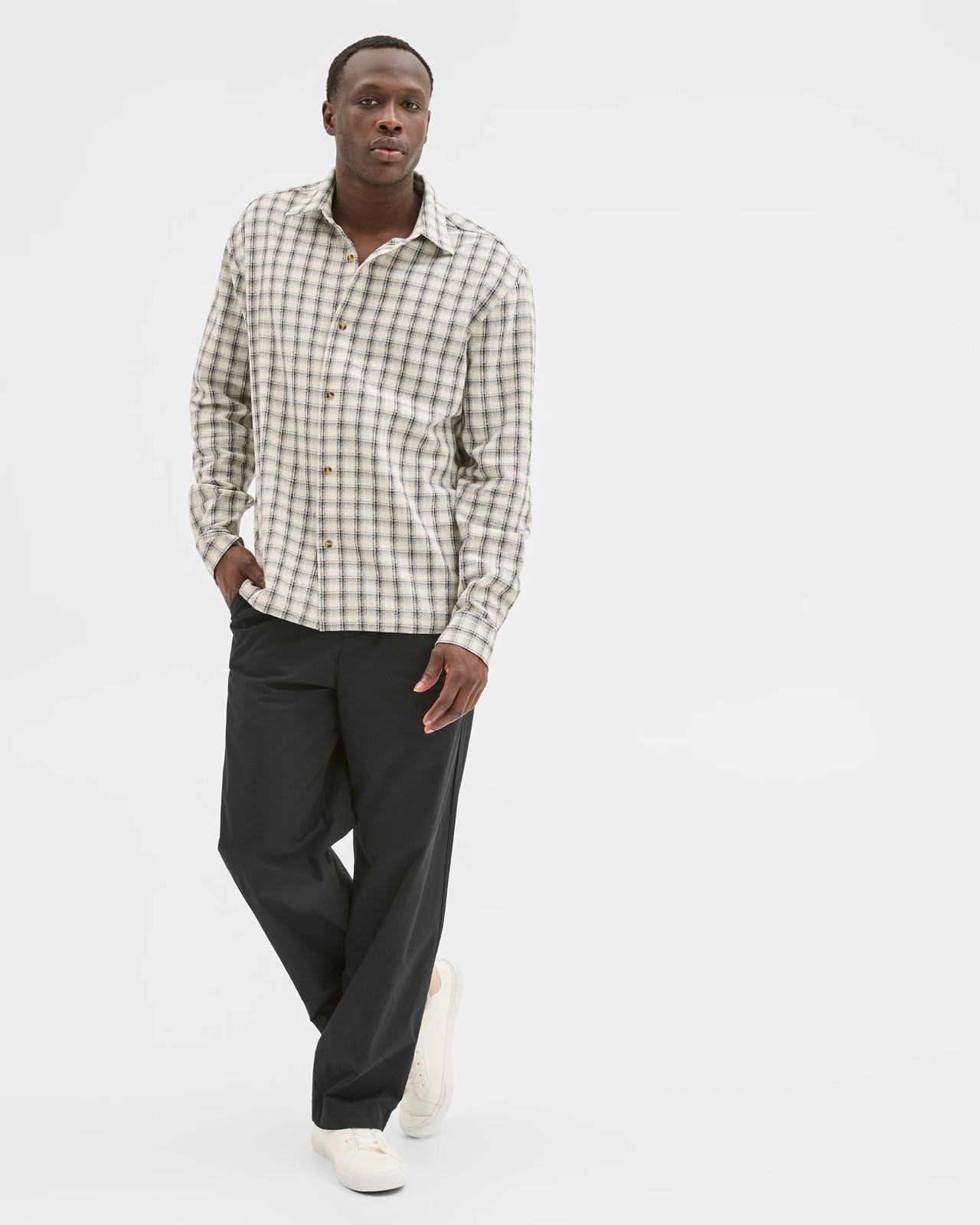 Commons Australian Cotton Boxy Fit Long Sleeve Textured Shirt - Ecru Check 2 of 6
