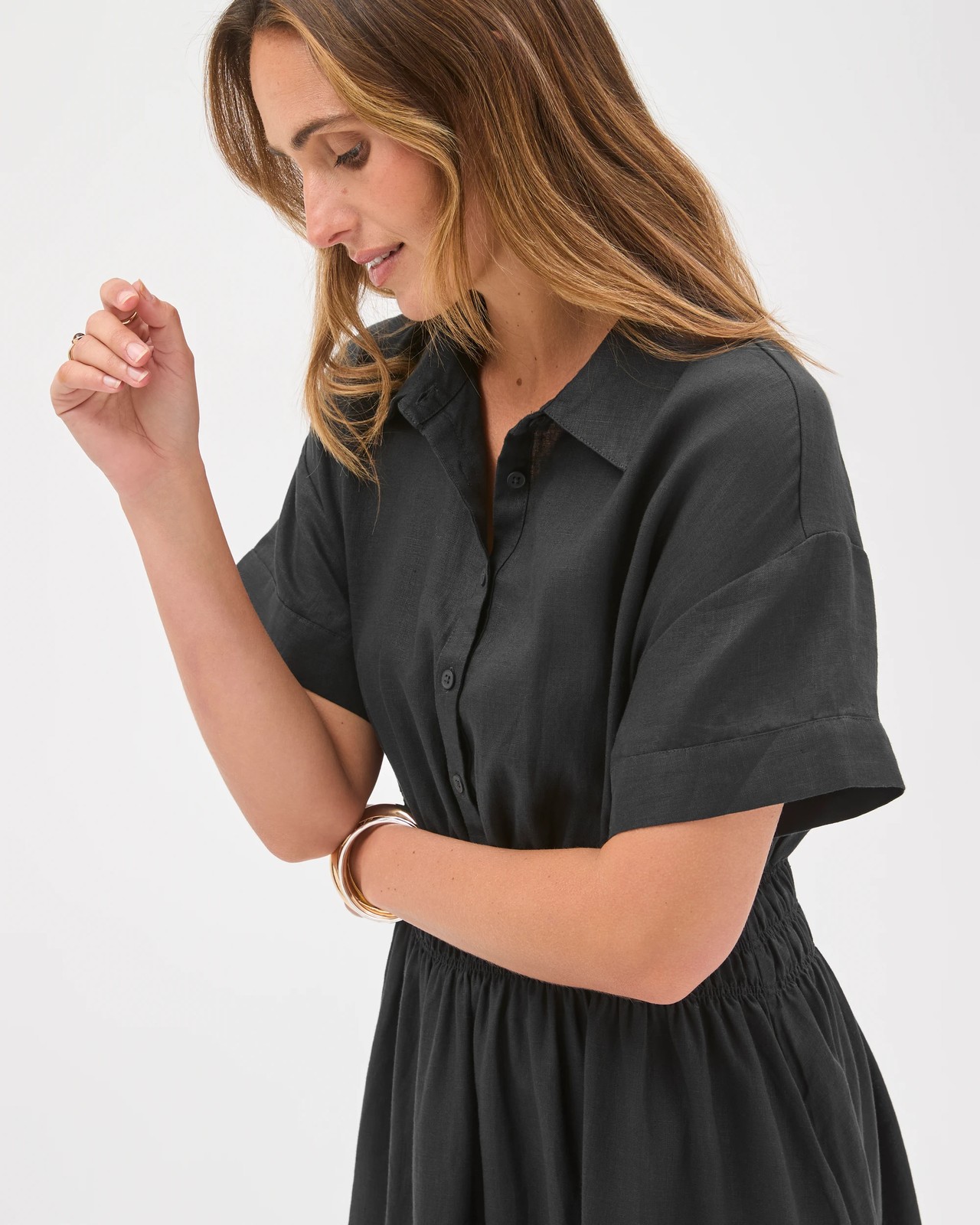 European Linen Shirred Waist Midi Dress - Black 3 of 6