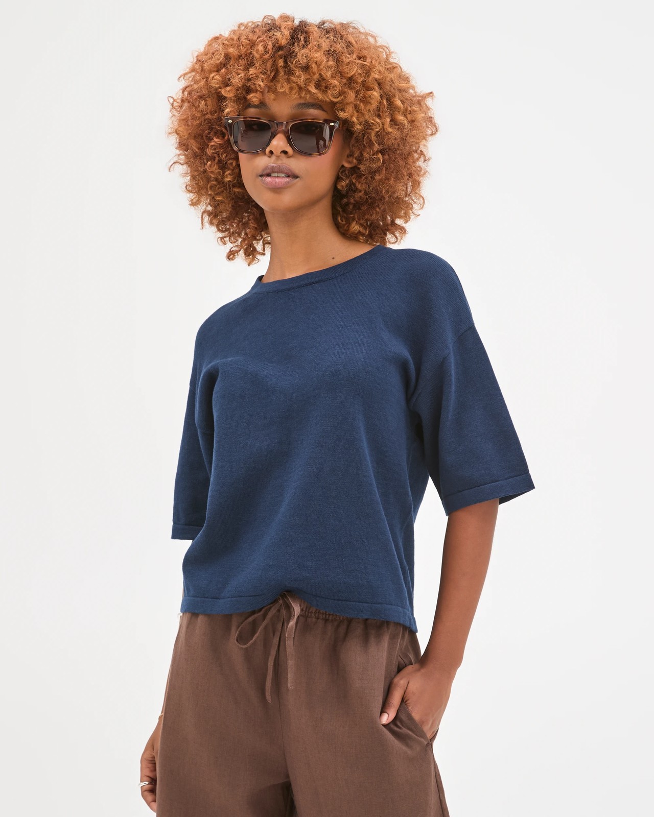 Petites Australian Cotton Blend Drop Shoulder Boxy Knit Top - Navy Blazer 5 of 5