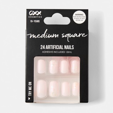 24 Pack Artificial Nails with Adhesive, Medium Square Shape, Soft Pink Glitter - OXX Cosmetics