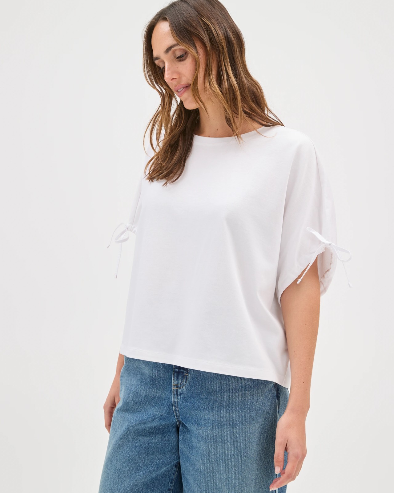 Australian Cotton Gathered Sleeve Cocoon T-Shirt - White 4 of 5