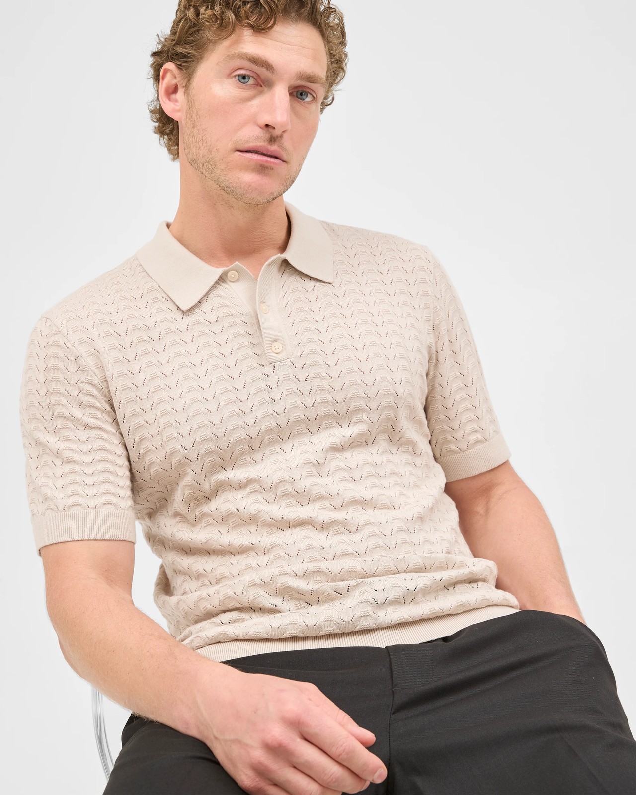 Preview Knitted Textured Polo Top - Moonbeam 5 of 6