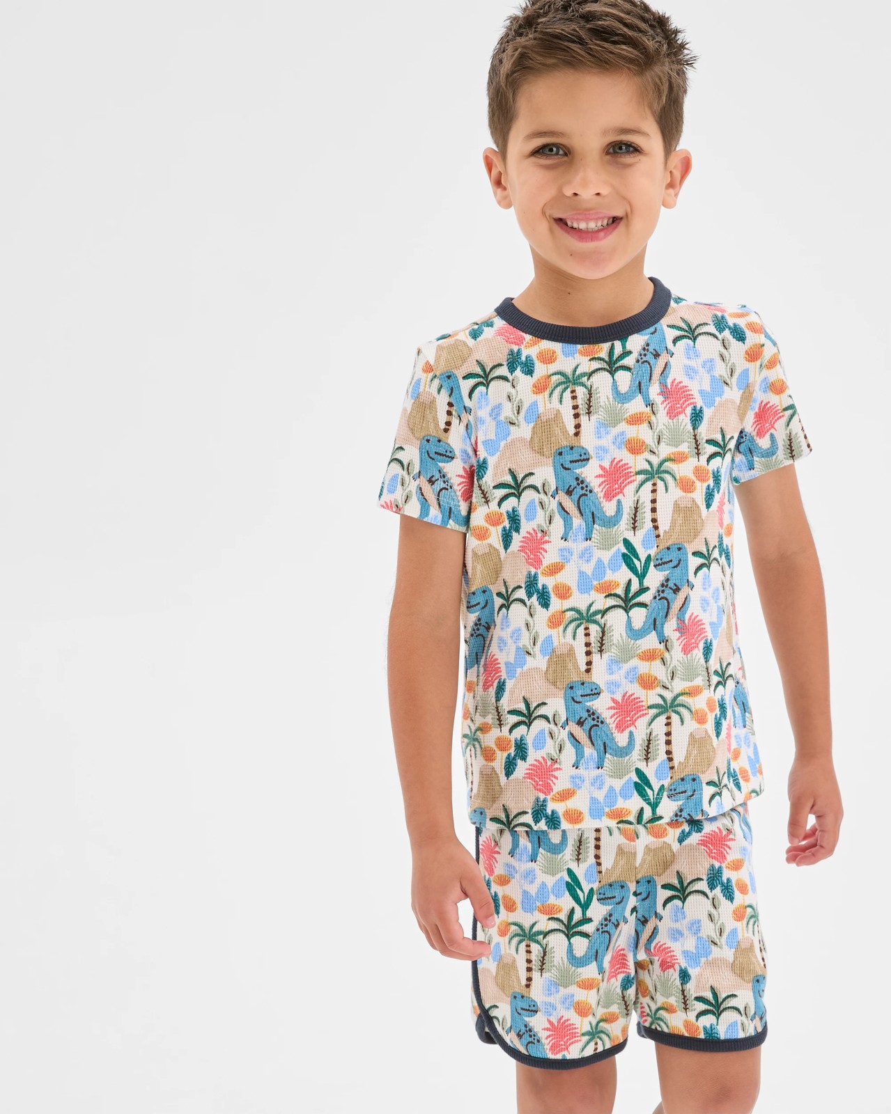 Organic Cotton Younger Boys Elevated Knit Waffle Pyjama Set - Multi Dinosaur 3 of 5