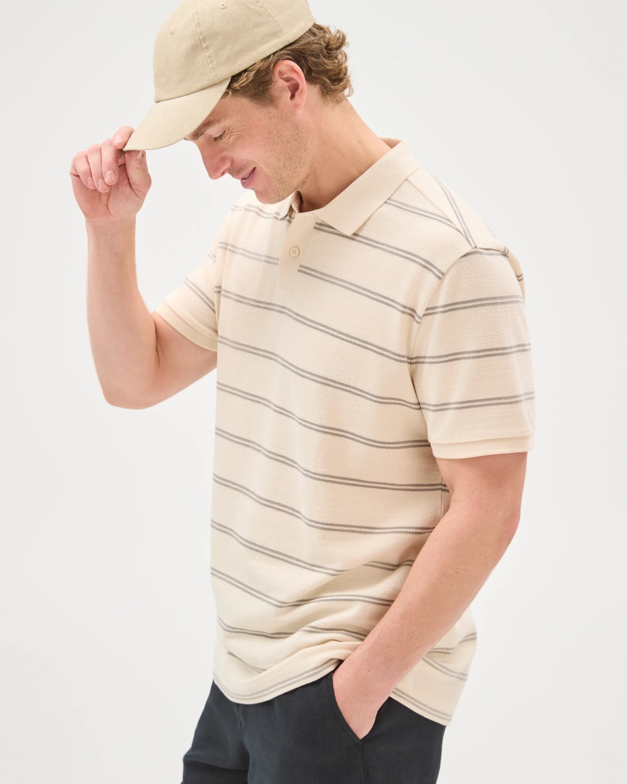 Australian Cotton Striped Polo Top - Beige 5 of 6