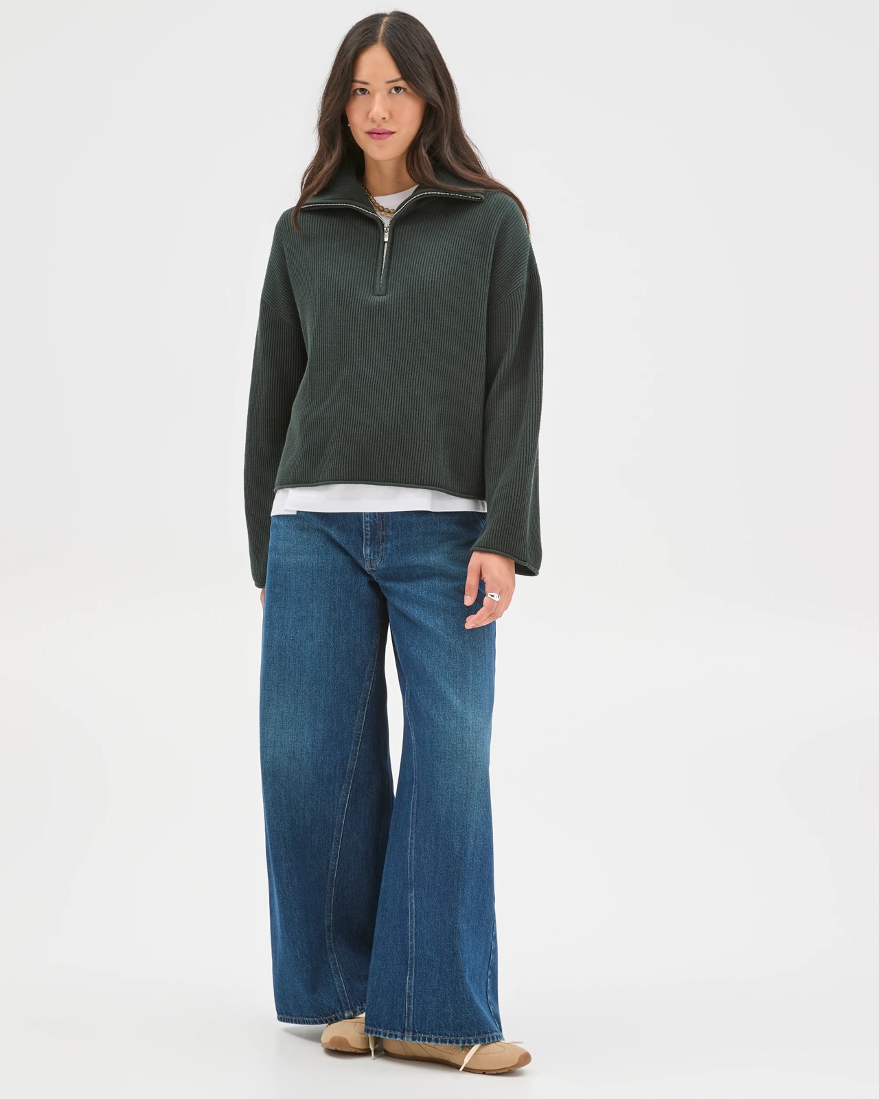 Australian Cotton Blend Zip Collar Sweater - Midnight Jade 2 of 5