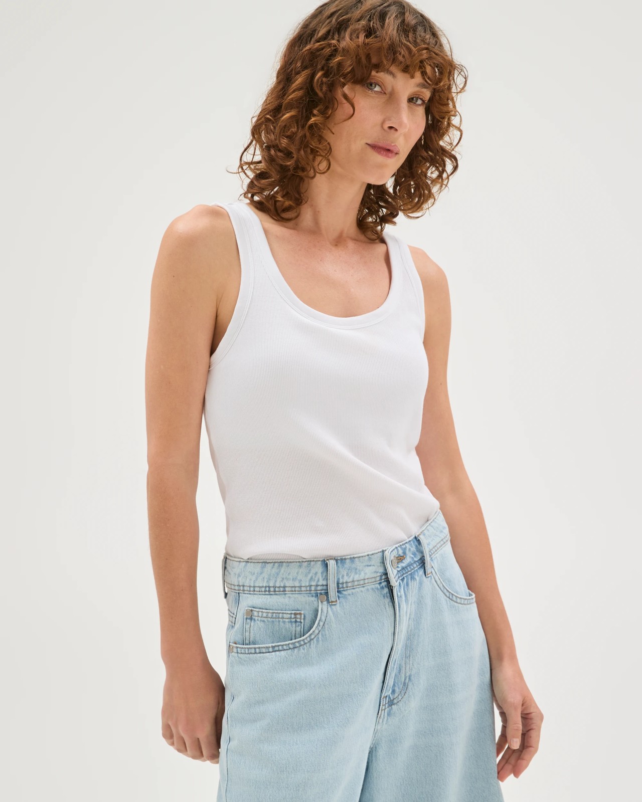 Australian Cotton Blend Scoop Neck Tank Top with Shelf Bra - White 4 of 6
