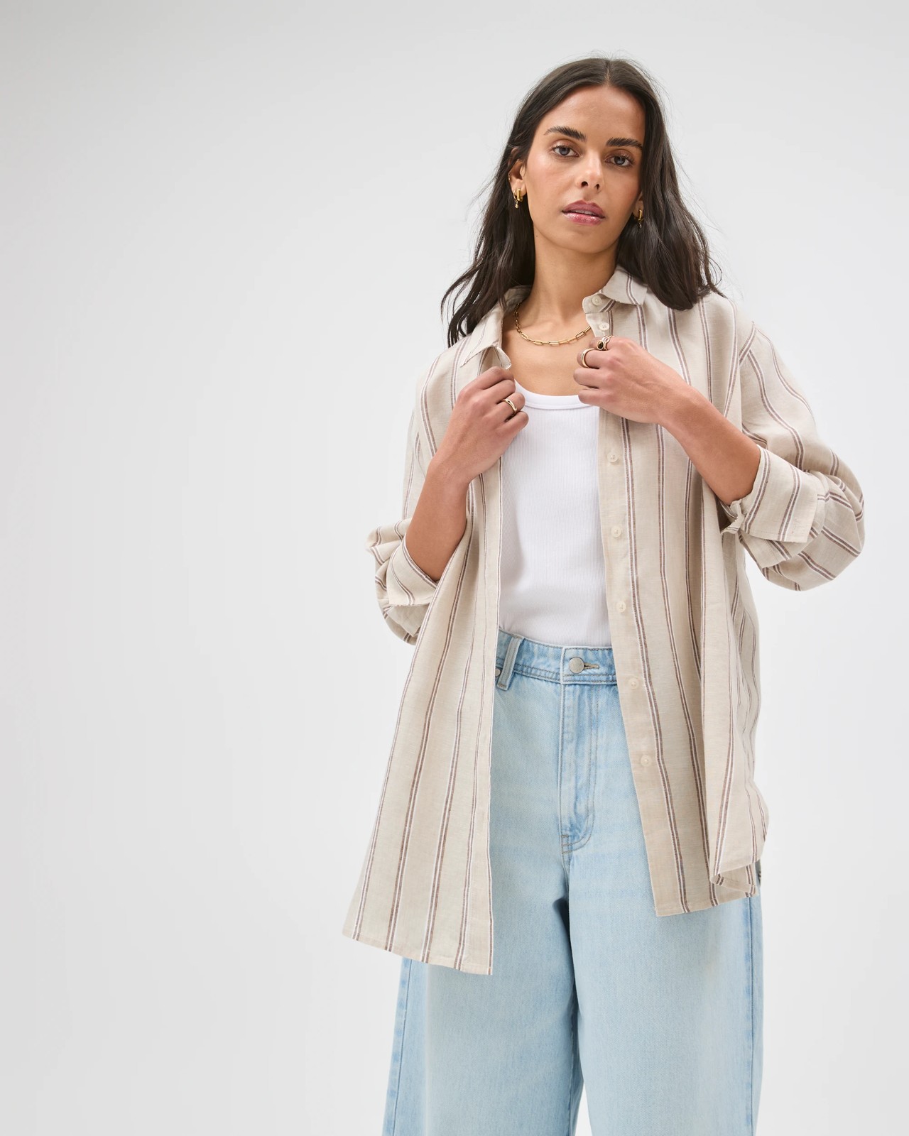 European Linen Long Sleeve Shirt - Warm Brown Stripe 4 of 6