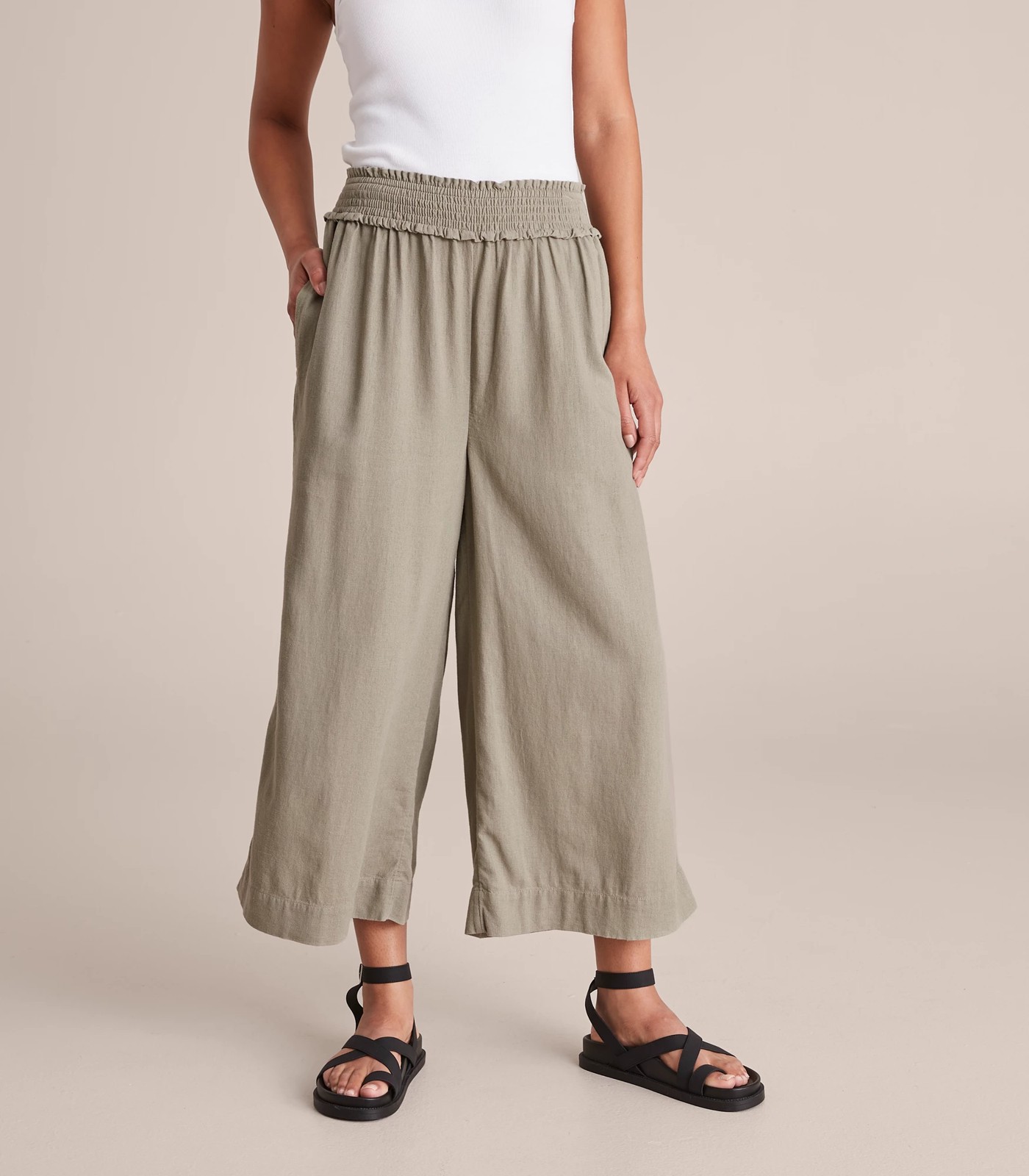 Linen Blend Shirred Wide Leg Pants