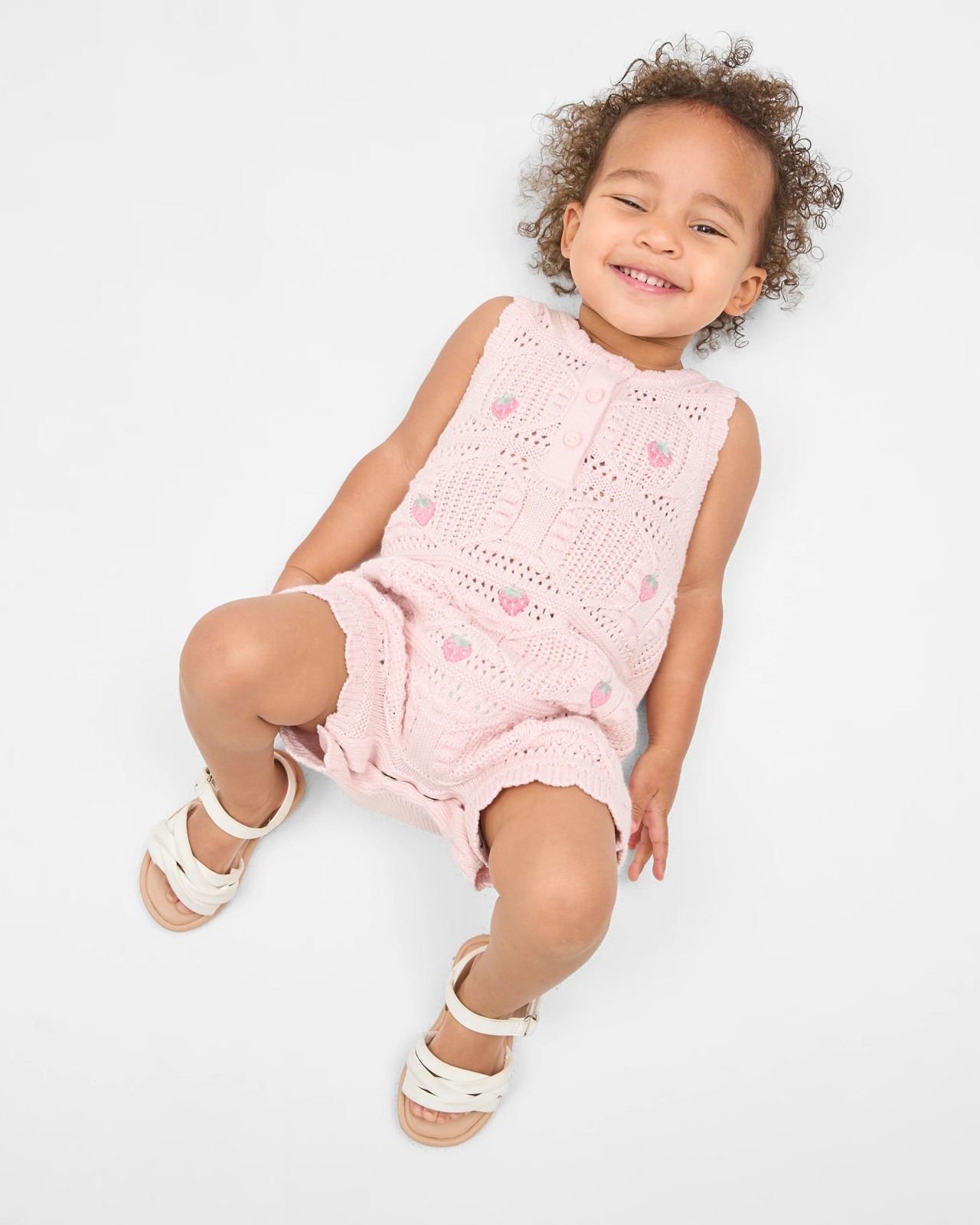 Baby Organic Cotton Crochet Knit Romper - Strawberry Pink 3 of 6