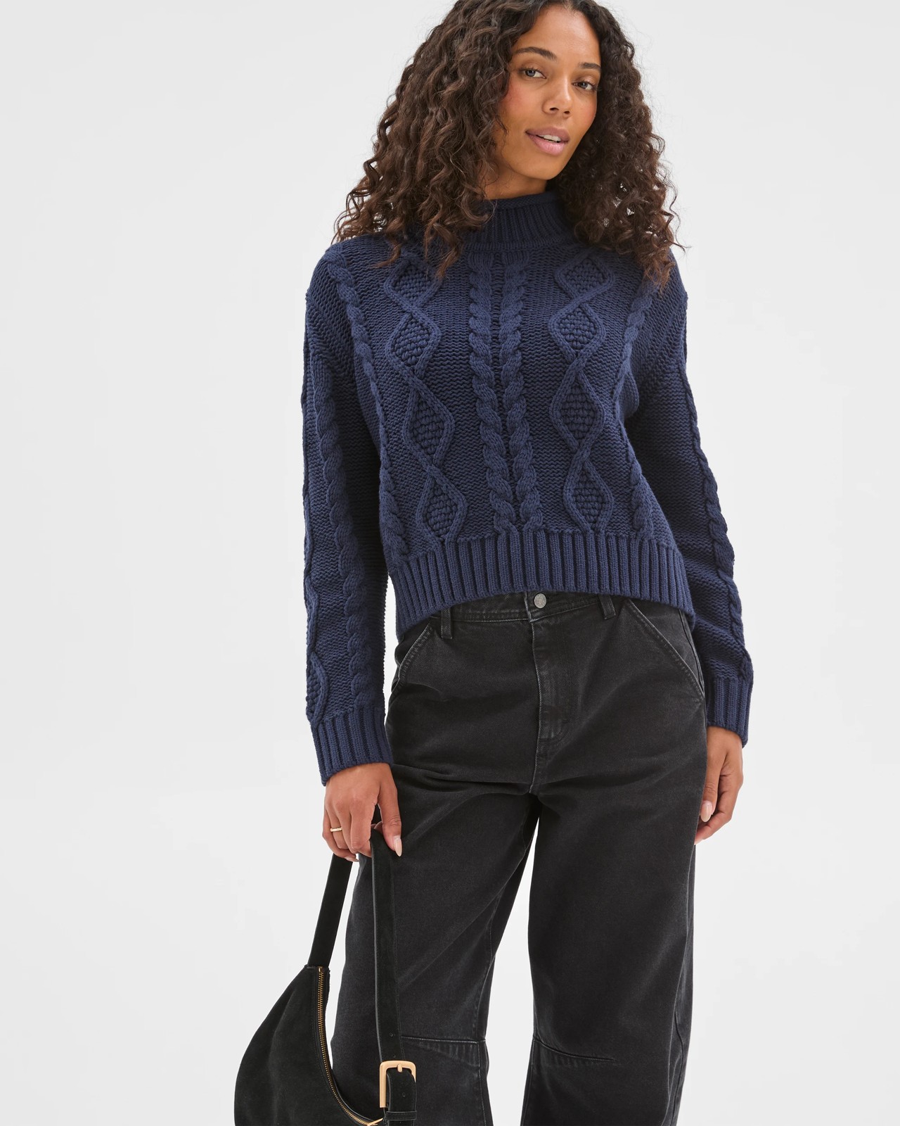 Australian Cotton Blend Roll Neck Cable Knit Jumper - Navy 2 of 5