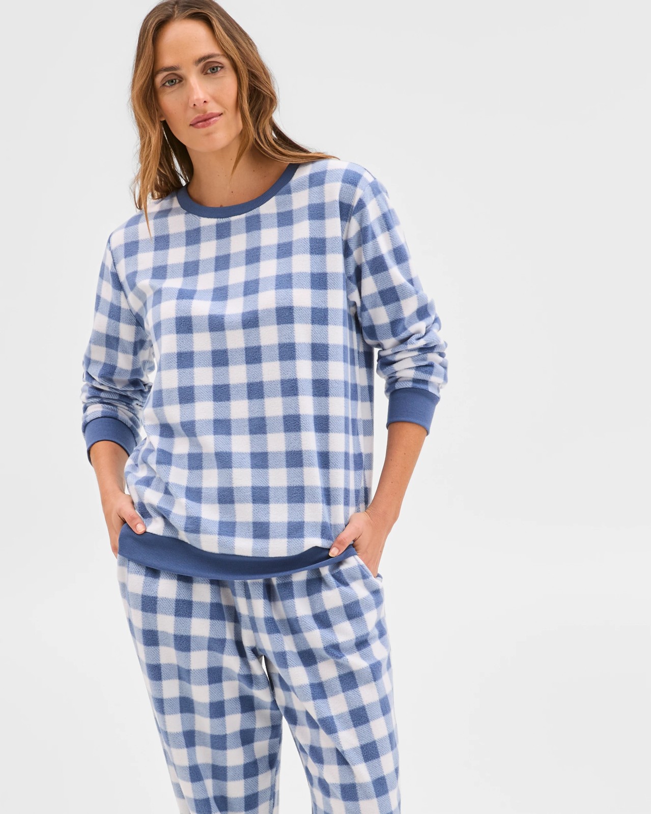 Micro Fleece Long Sleeve Pyjama Top - Gingham Blue 2 of 5