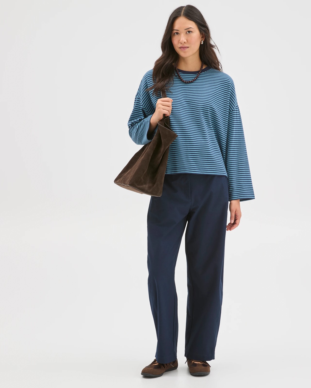 Australian Cotton Long Sleeve Heavyweight Oversized T-Shirt - Ink Navy/Dusty Blue Stripe 2 of 6