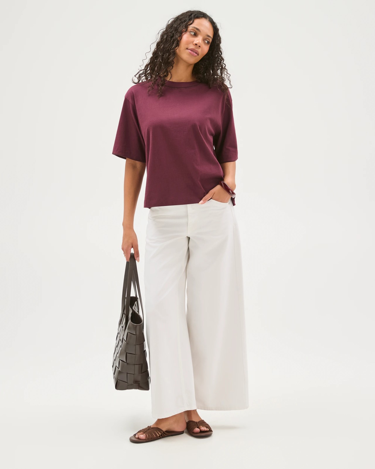 Australian Cotton Boxy Stitch Detail T-Shirt - Merlot 2 of 6
