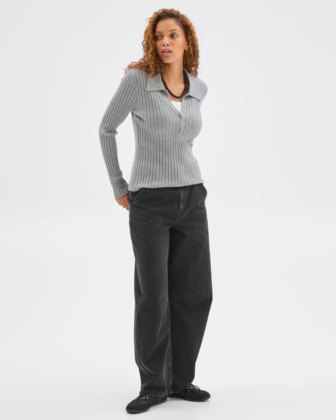 Fine Knit Double Layer Polo Sweater - Mid Grey Marle 3 of 6