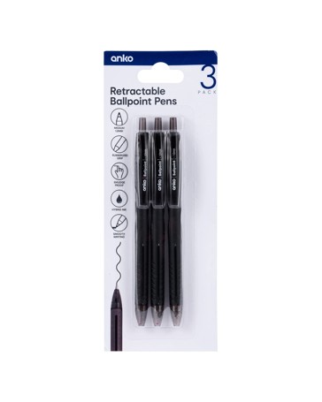 Anko 3 Pack Retractable Ballpoint Pens- Black