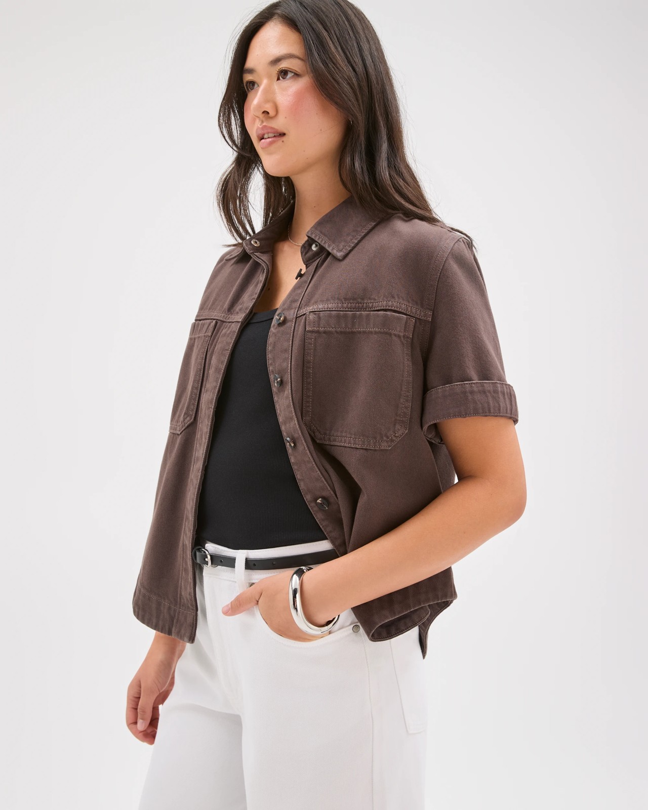 Short Sleeve Concealed Placket Denim Shirt 6 of 6