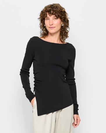 Long Sleeve Asymmetric Hem Crepe Knit Top - Preview