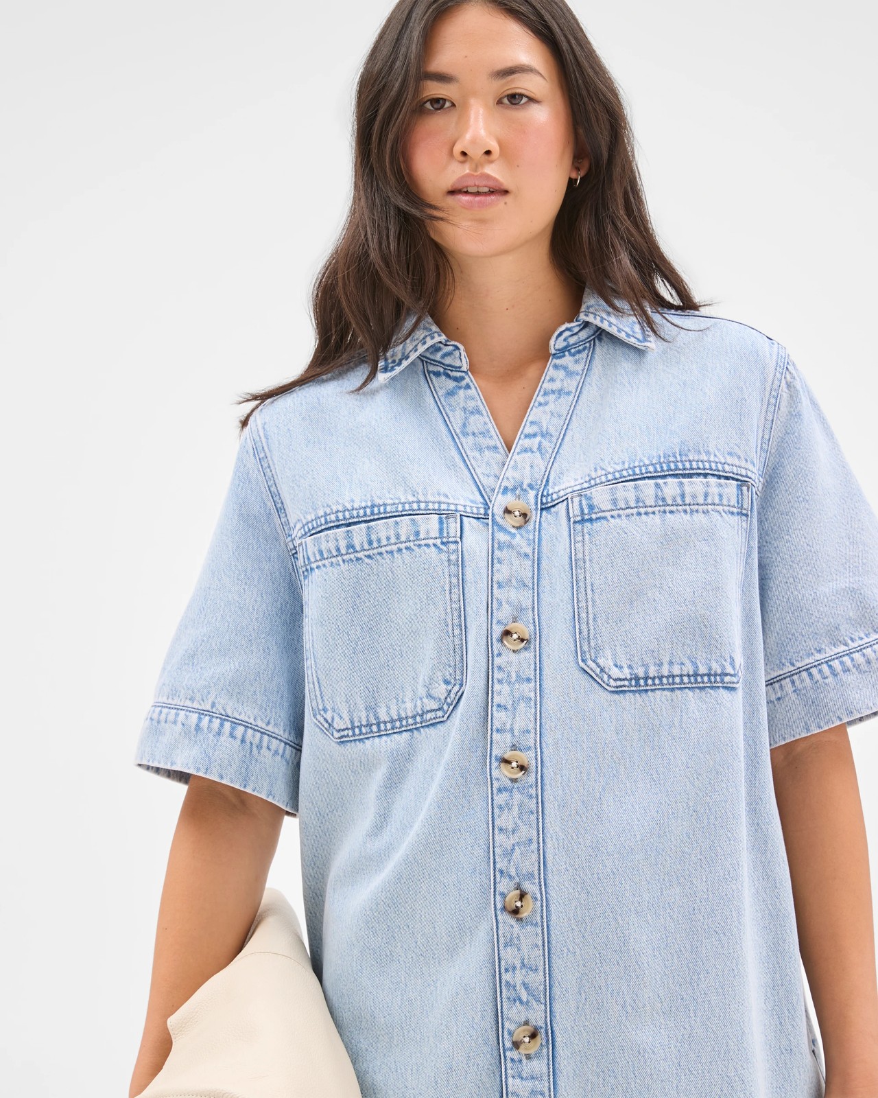 Short Sleeve V-Neck Denim Shirt Dress 3 of 5