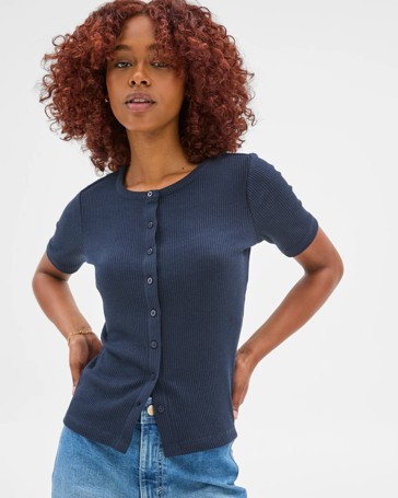 Petites Button Front Ribbed T-Shirt