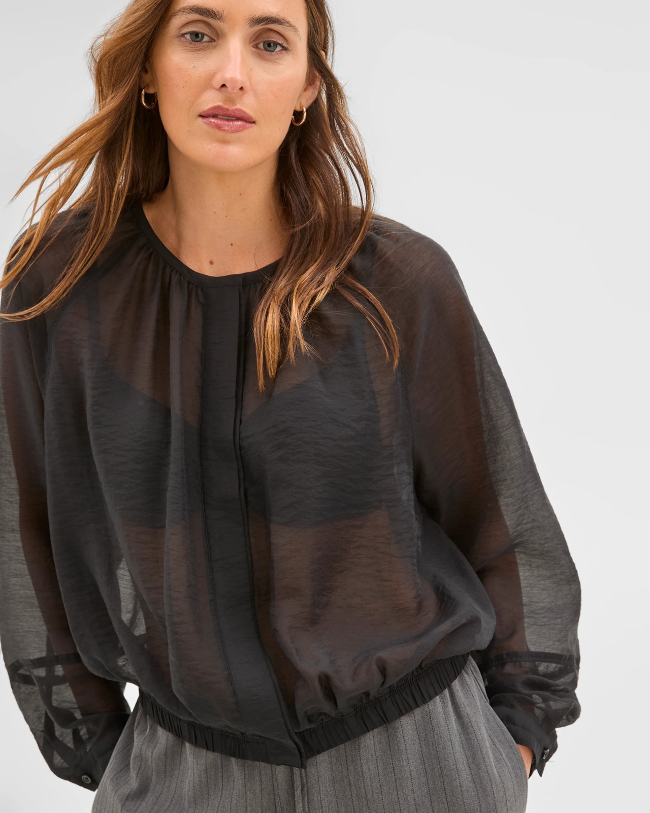 Preview Long Raglan Sleeve Gathered Blouse - Black 3 of 6