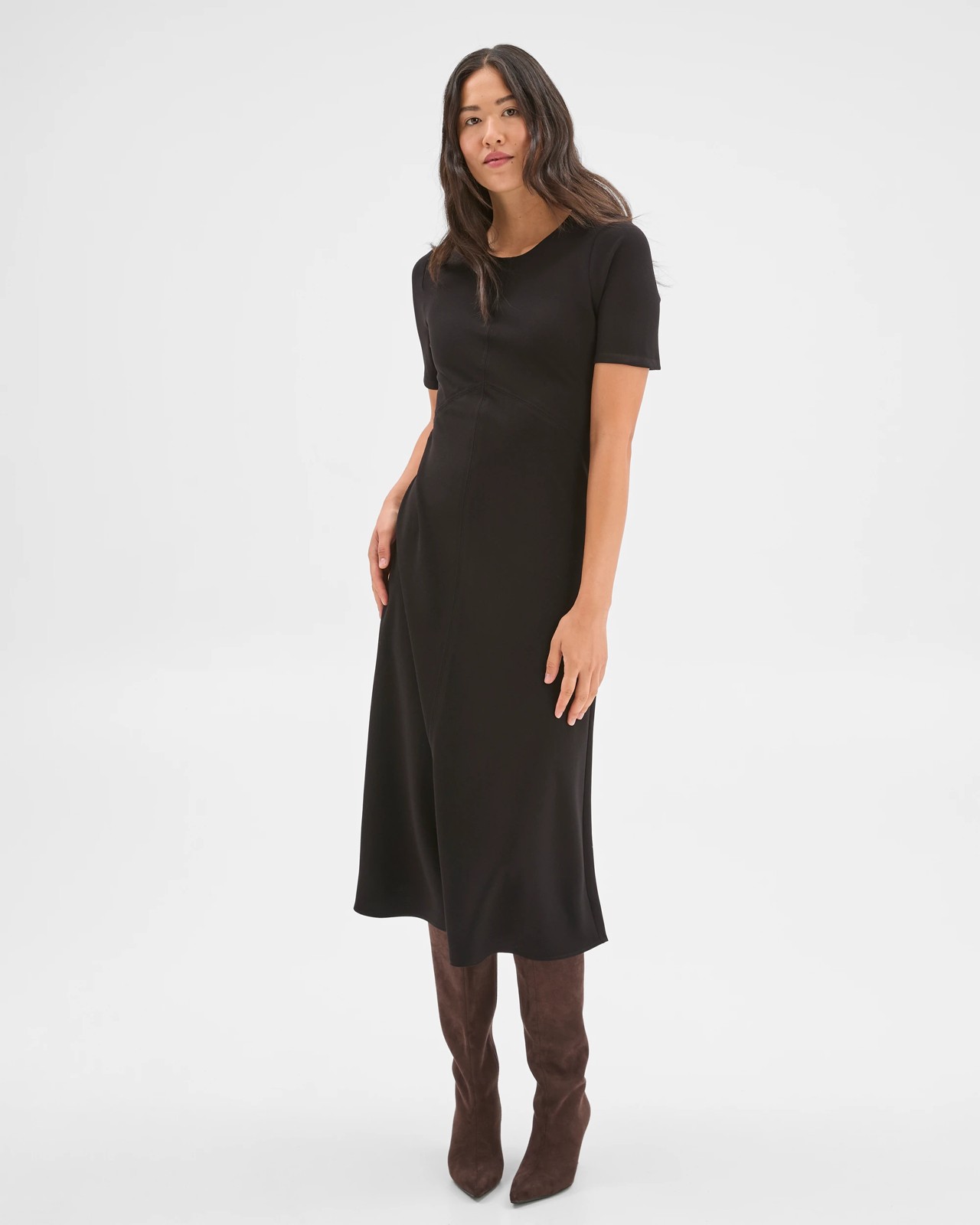 Preview Short Sleeve Midi Crepe Woven Dress - Black 4 of 5