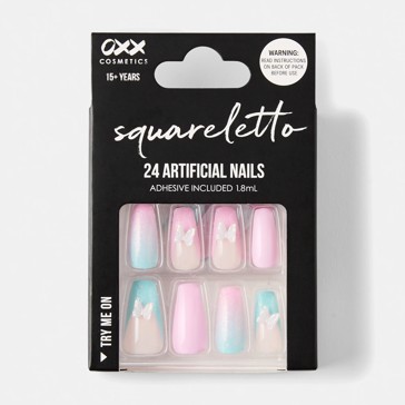 24 Pack Artificial Nails with Adhesive, Squareletto Shape, 3D Butterfly - OXX Cosmetics