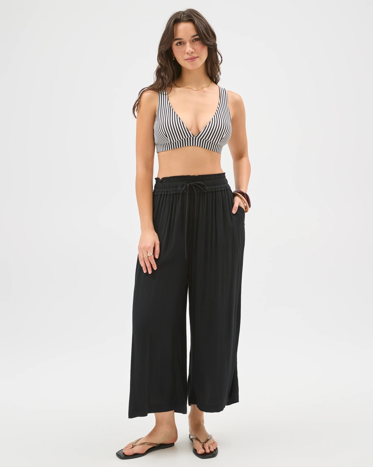 Resort Reversible V-Neck Matte Micro Swim Bikini Top - Cocoa/Cocoa Stripe 5 of 5
