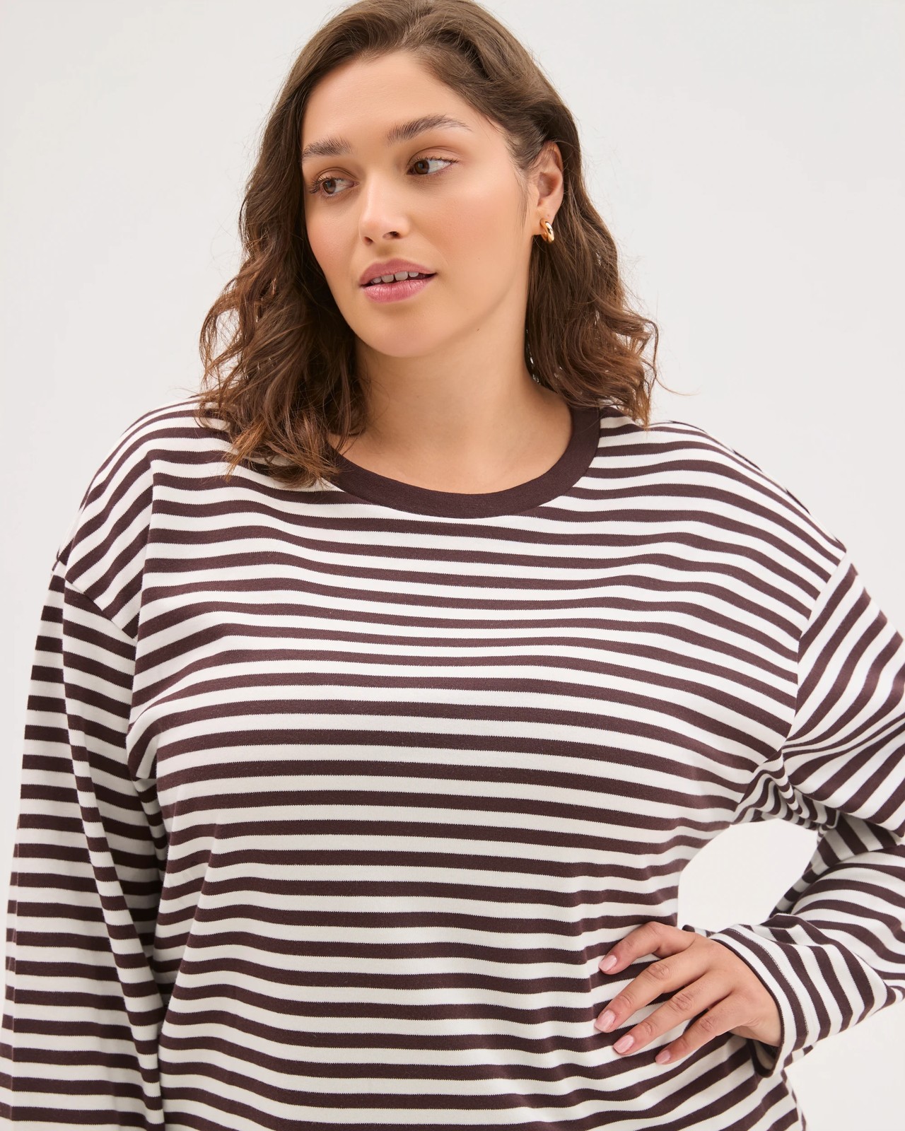 Plus Size Australian Cotton Long Wide Sleeve T-Shirt - Brunette/White 5 of 6