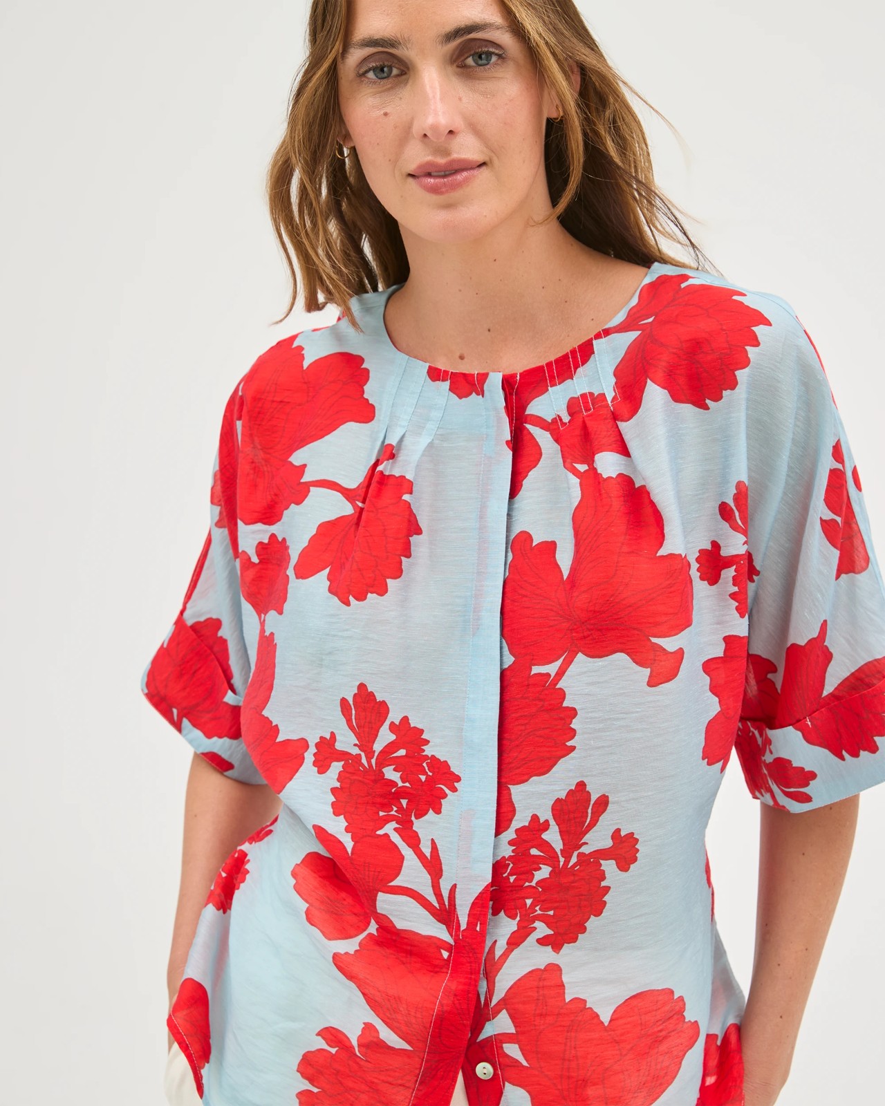 Preview Volume Tie Waist Blouse - Dusty Blue Floral 4 of 5