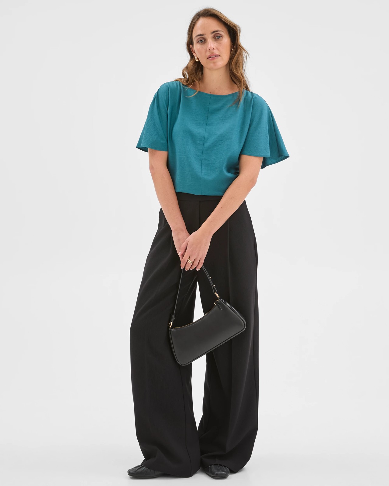 Preview Short Flutter Sleeve Textured Blouse - Peacock 2 of 5