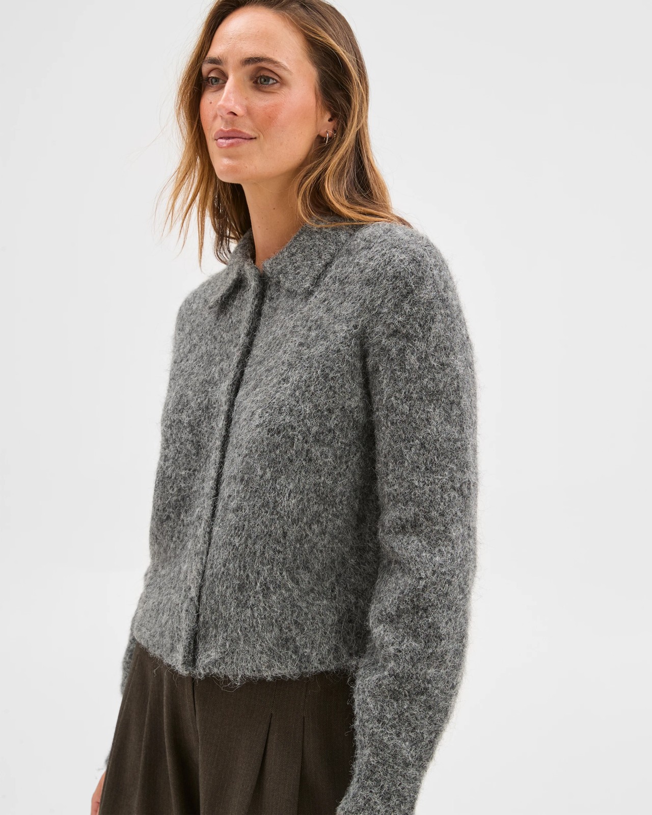 Preview Plush Button Through Collared Cardigan - Charcoal Marle 4 of 6