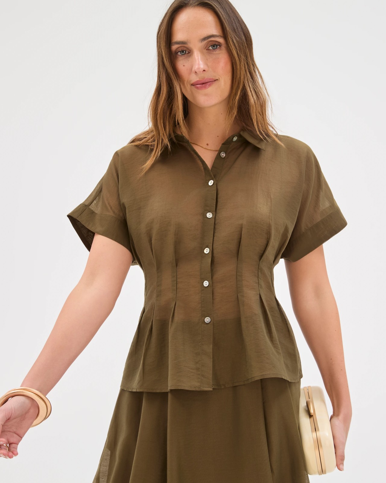 Preview Helena Short Sleeve Tuck Shirt - Khaki Olive 4 of 6