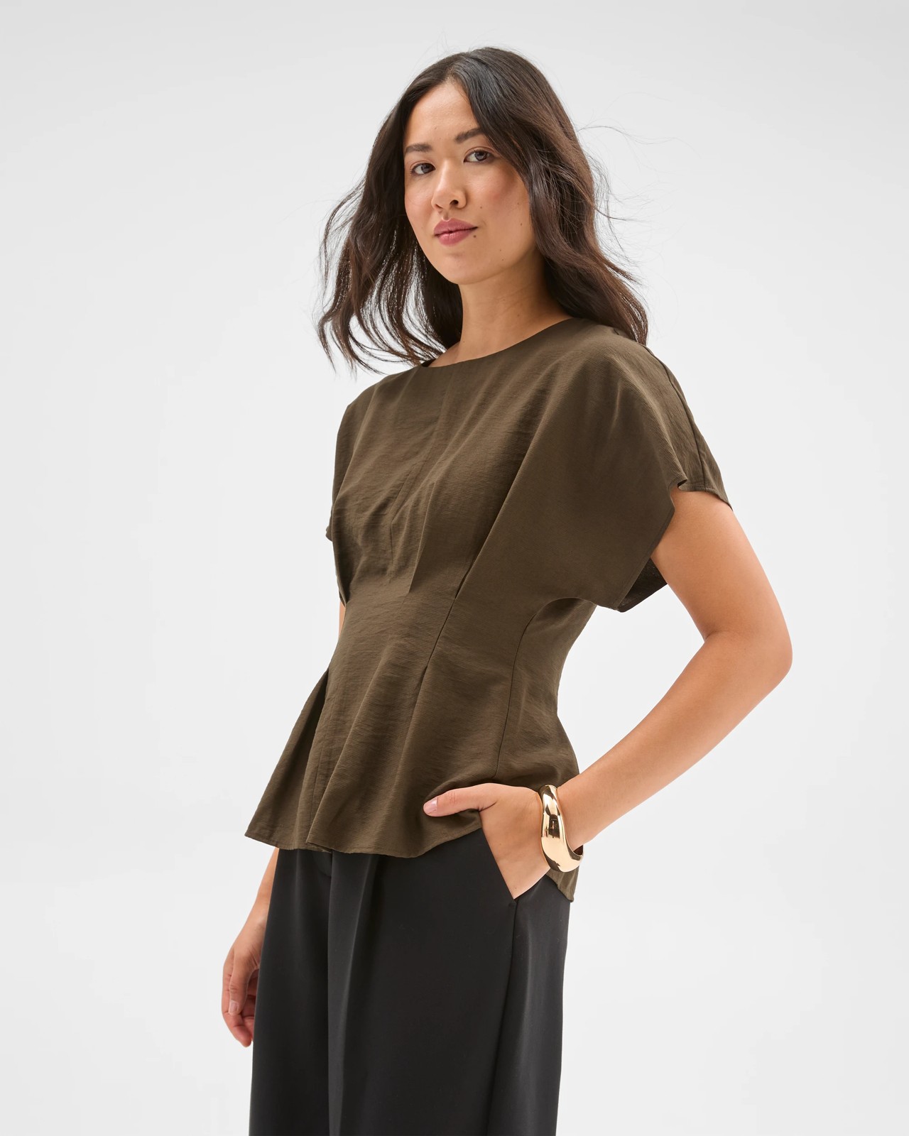 Preview Short Sleeve Femme Tuck Blouse - Dark Olive 4 of 6