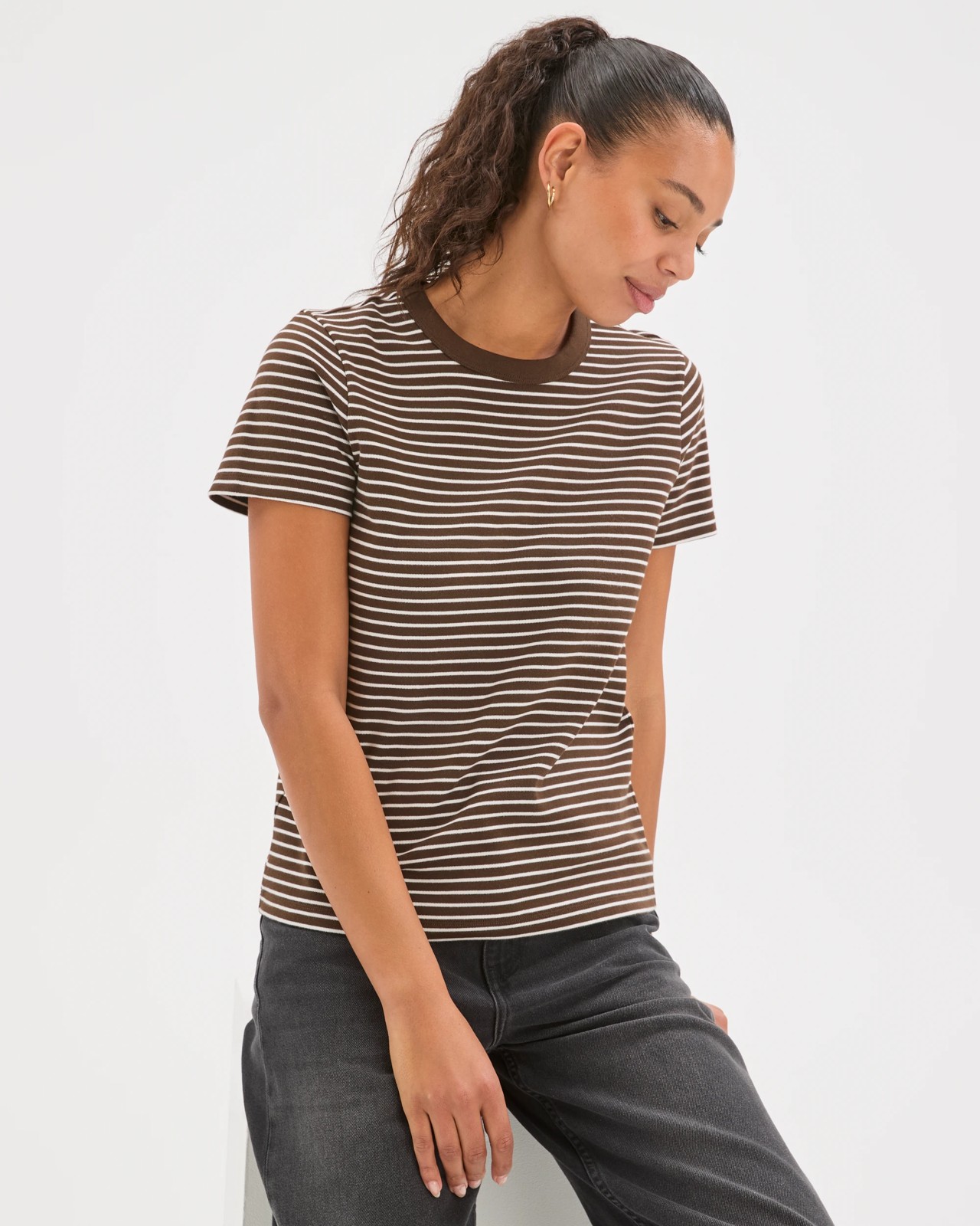Australian Cotton Interlock Neat T-Shirt - Coffee Bean/Cloud Dancer Stripe 5 of 6