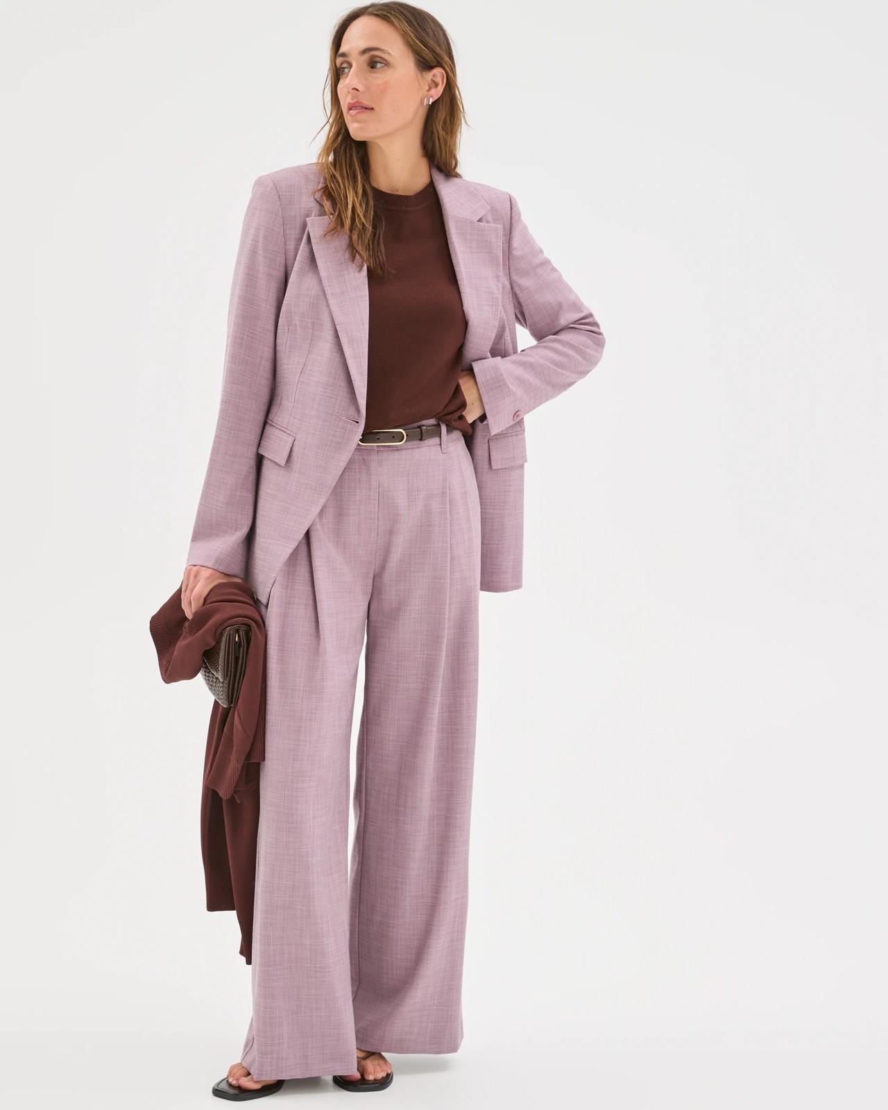 Preview Double Pleat Wide Leg Pants - Berry Cream Melange 2 of 5