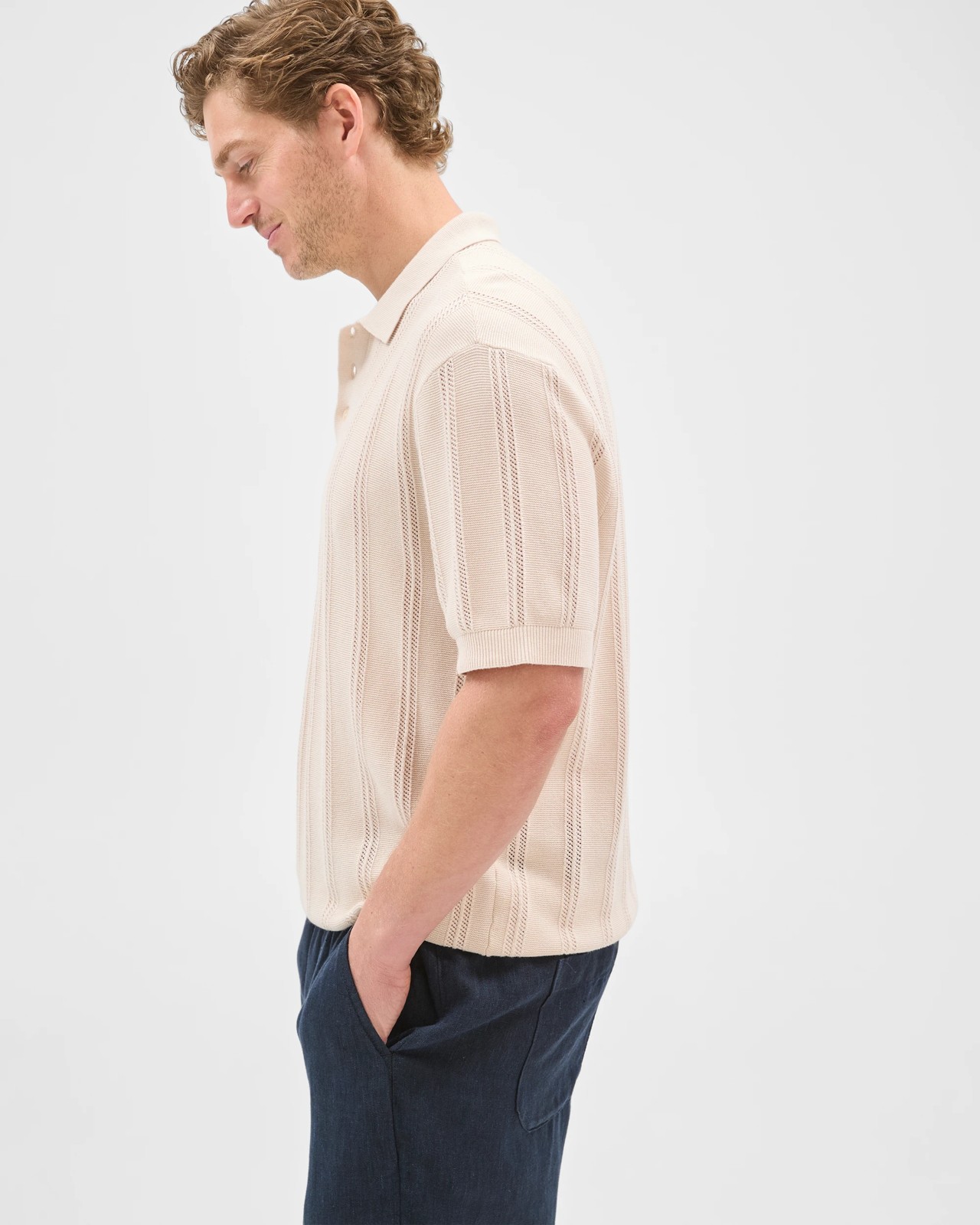 Australian Cotton Textured Stripe Knit Polo Top - Birch 4 of 6