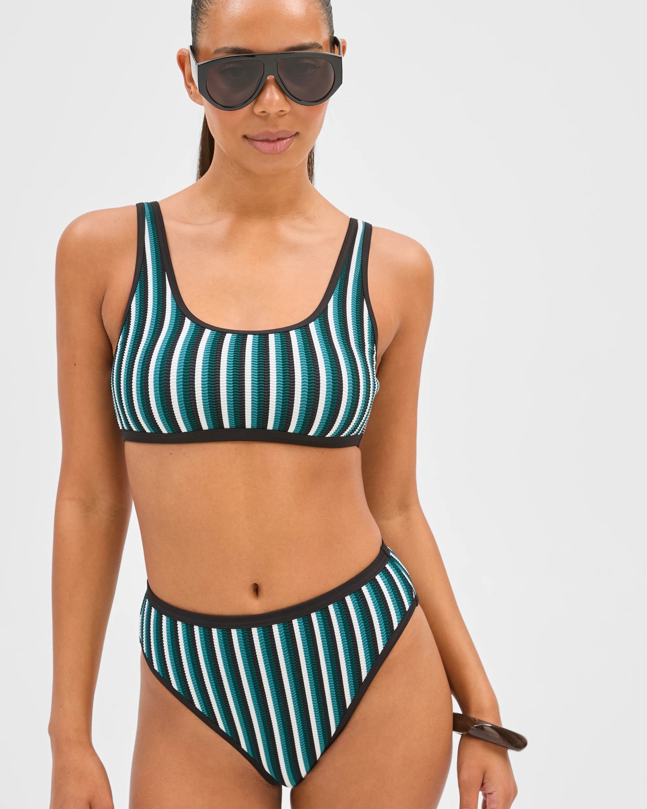 High Waisted High Cut Crinkle Bikini Briefs - Cocoa/Deep Sea Stripe 5 of 5