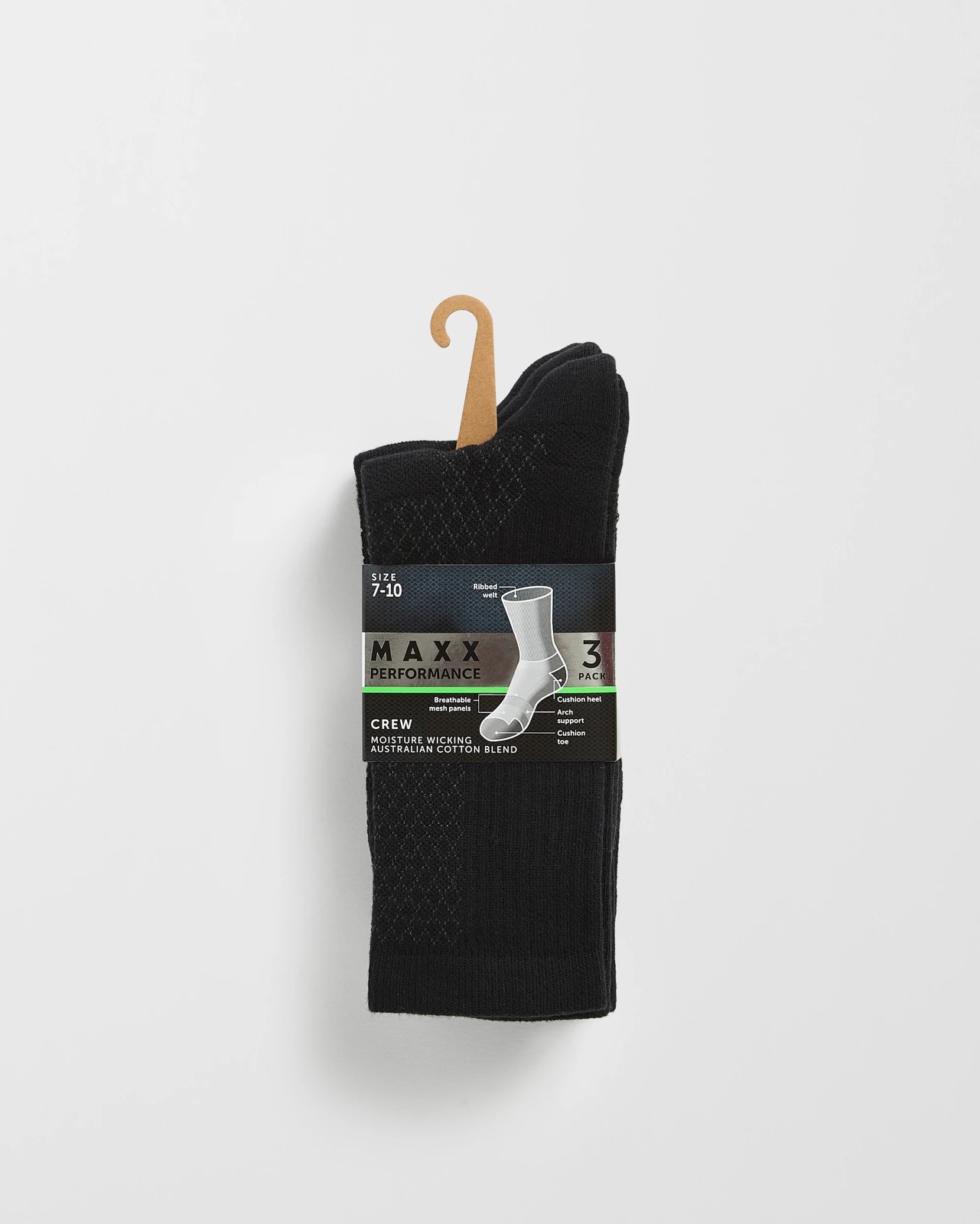 Maxx Australian Cotton Blend 3 Pack Performance Sport Crew Socks - Black 3 of 3