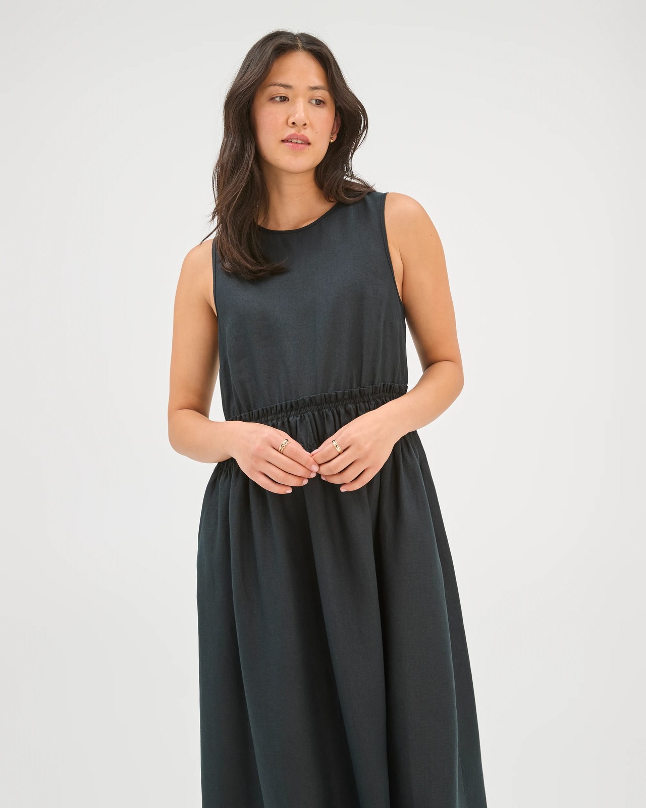 European Linen Sleeveless Waisted Midi Dress - Black 2 of 5