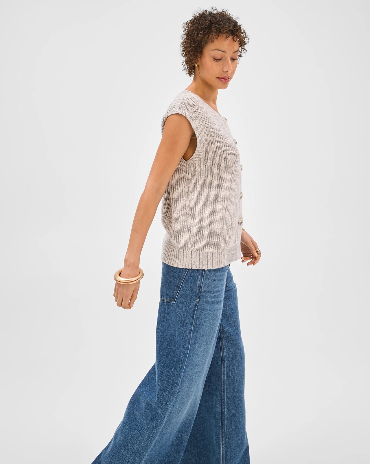 Australian Cotton Button Through Twist Knitted Vest - Pumice 4 of 6