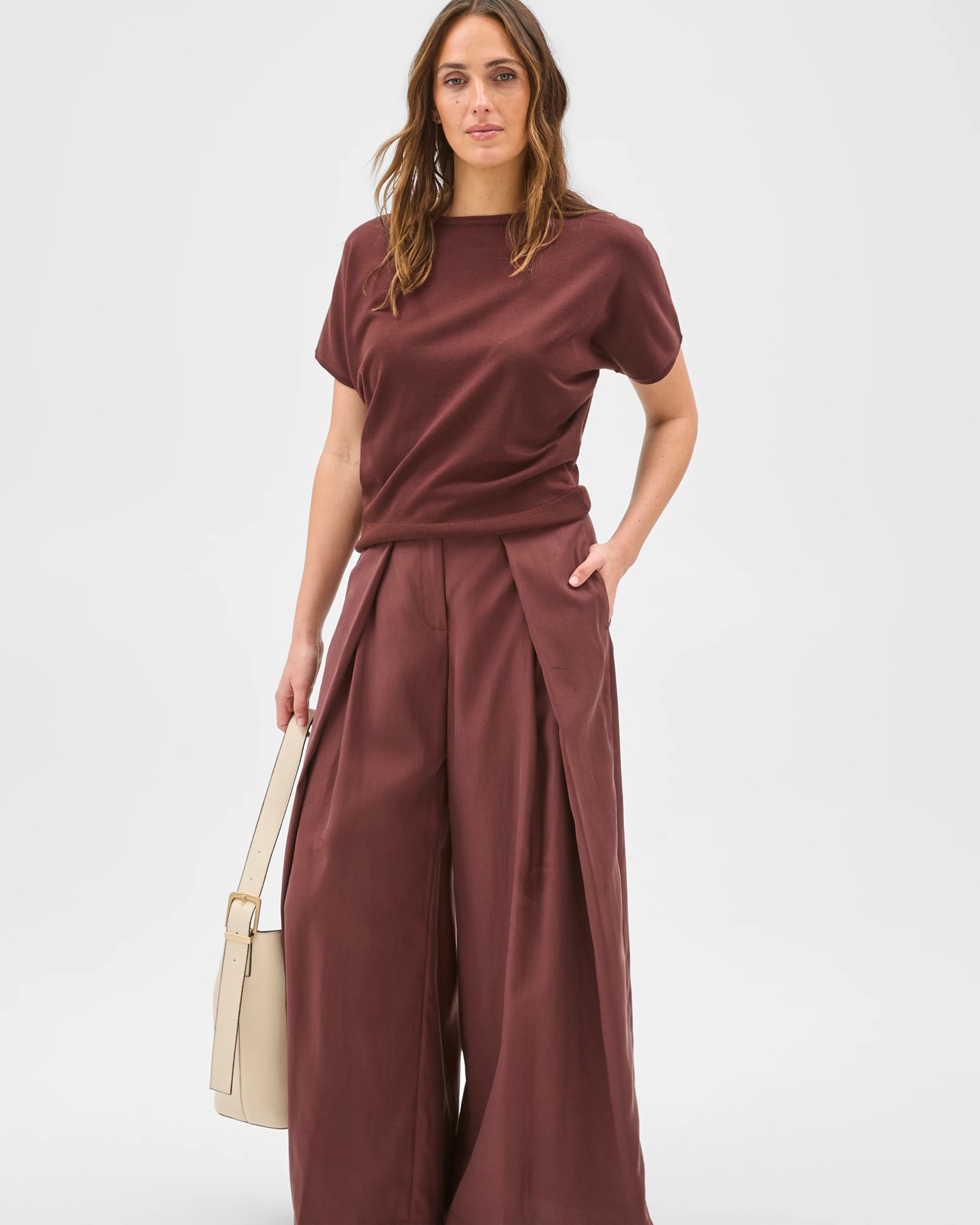 Preview Crossover Pleated Wide Leg Pants - Dark Chocolate 2 of 5