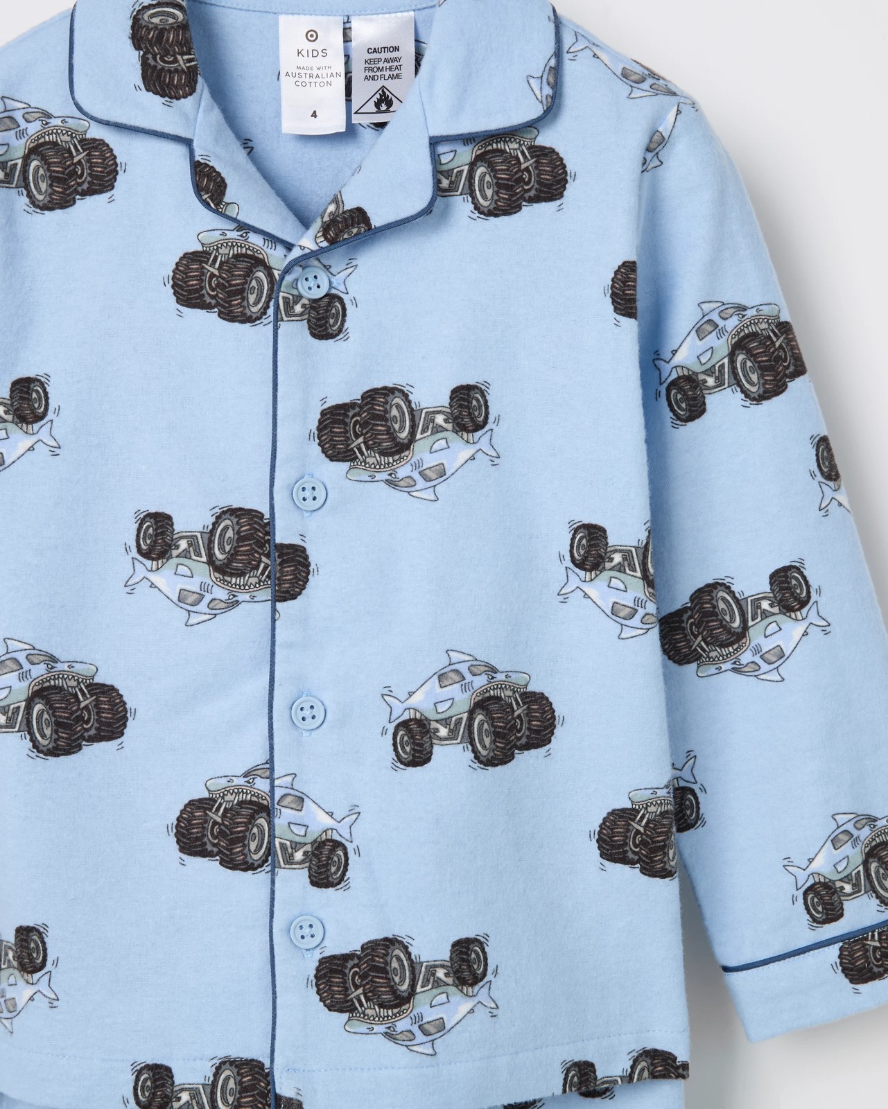 Younger Boys Australian Cotton Long Sleeve Top & Long Length Pants Flannel Pyjama Set - Shark Monster Truck 2 of 3