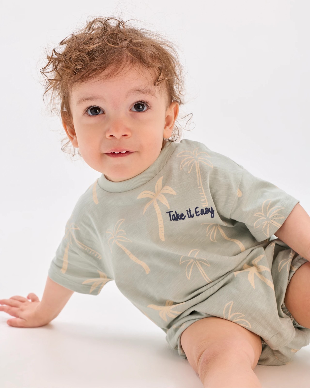 Baby Organic Cotton Slouchy Romper - Green Palm Tree Aqua 2 of 6