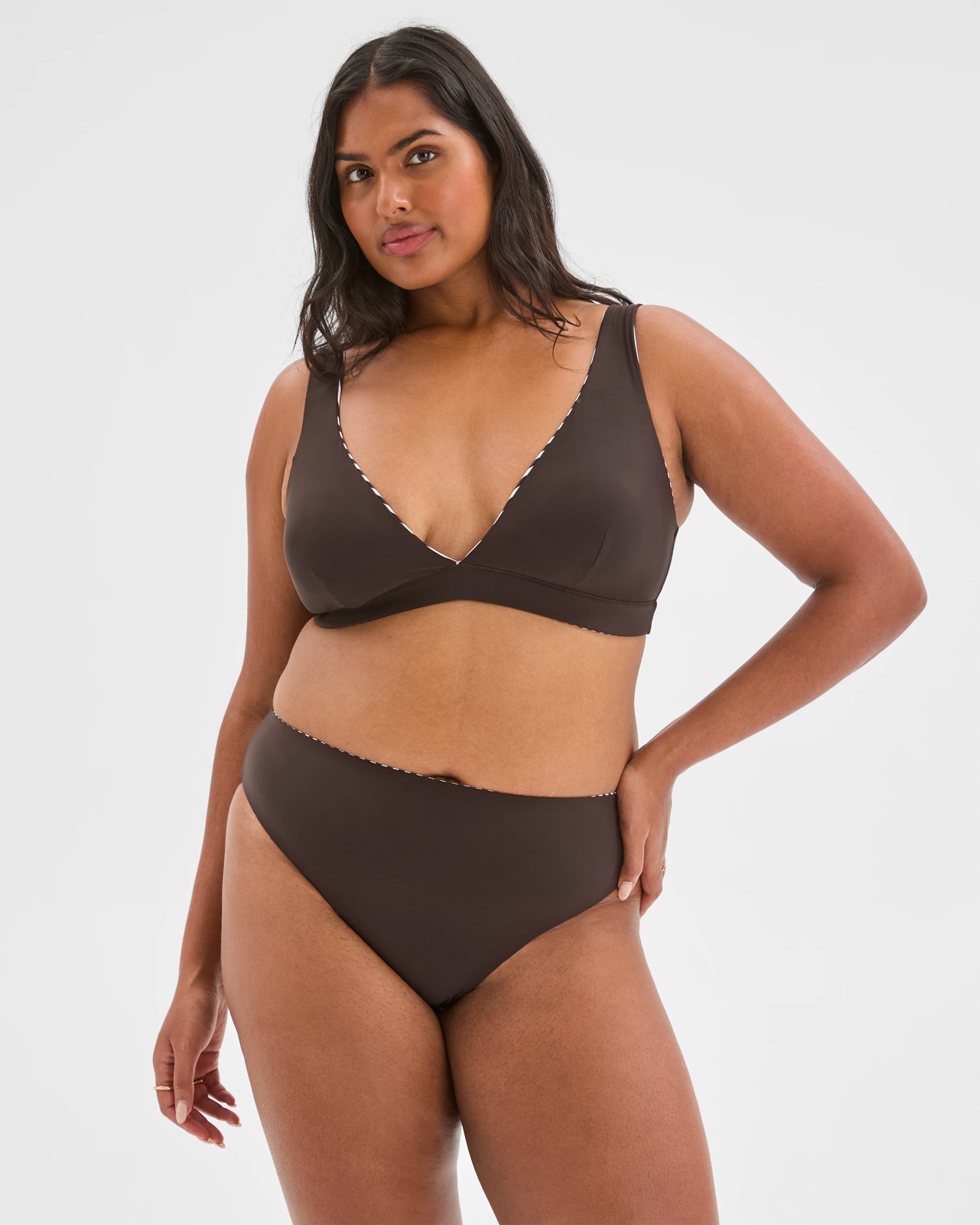 Reversible High Waisted High Cut Matte Micro Swim Bikini Bottoms - Cocoa/Cocoa Stripe 5 of 5
