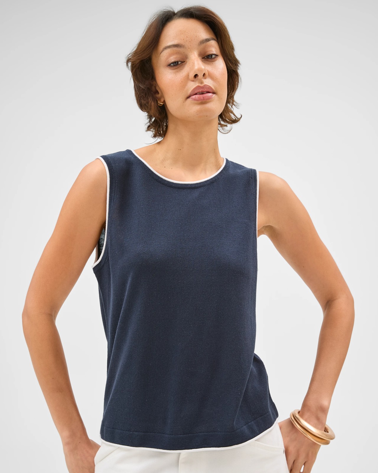 Contrast Trim Knit Tank Top -  Navy + White 5 of 5