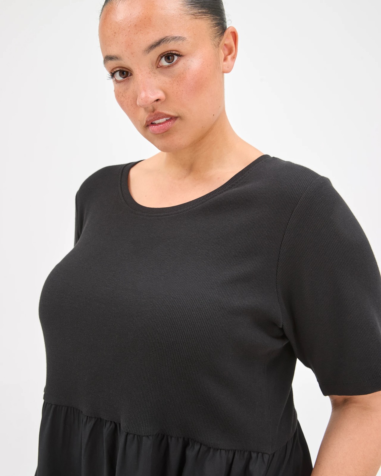 Plus Size Australian Cotton Short Sleeve Knit Woven Dress - Black 3 of 4